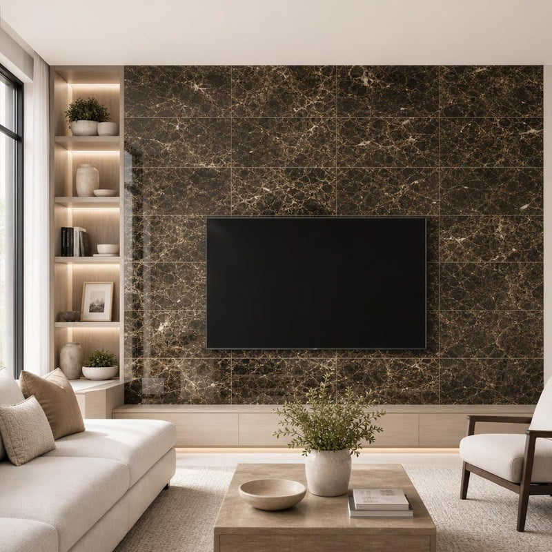 Dark Emprador Marble Tile 12x24 Polished — Living Room feature wall
