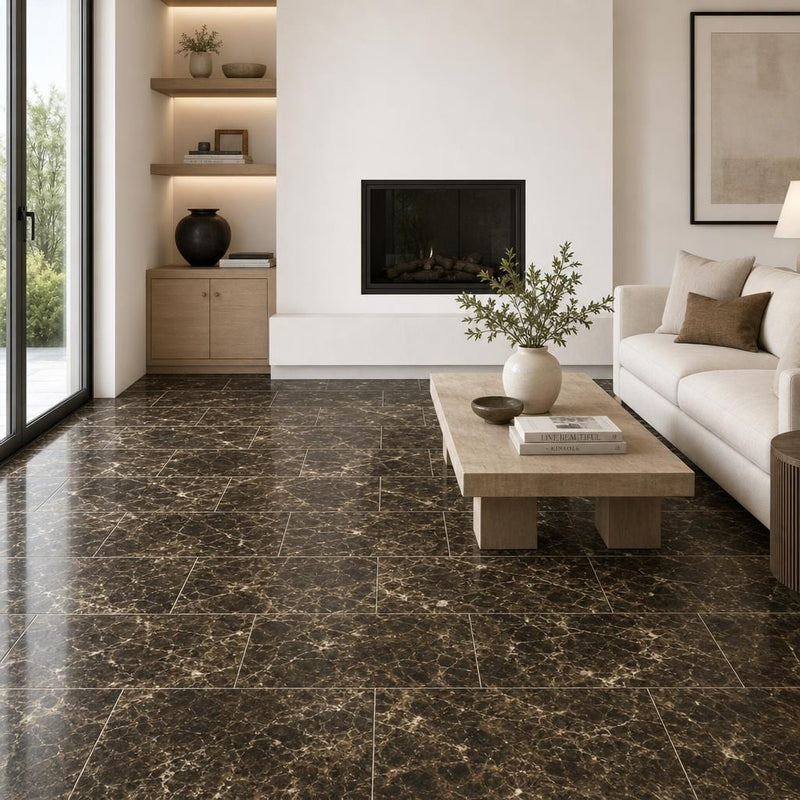 Dark Emprador Marble Tile 12x24 Polished — Living Room floor