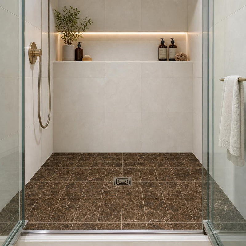 Dark Emprador Marble Tile 6x6 Tumbled — Bathroom shower floor