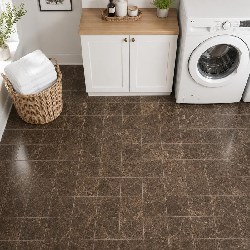 Dark Emprador Marble Tile 6x6 Tumbled — Laundry Room floor