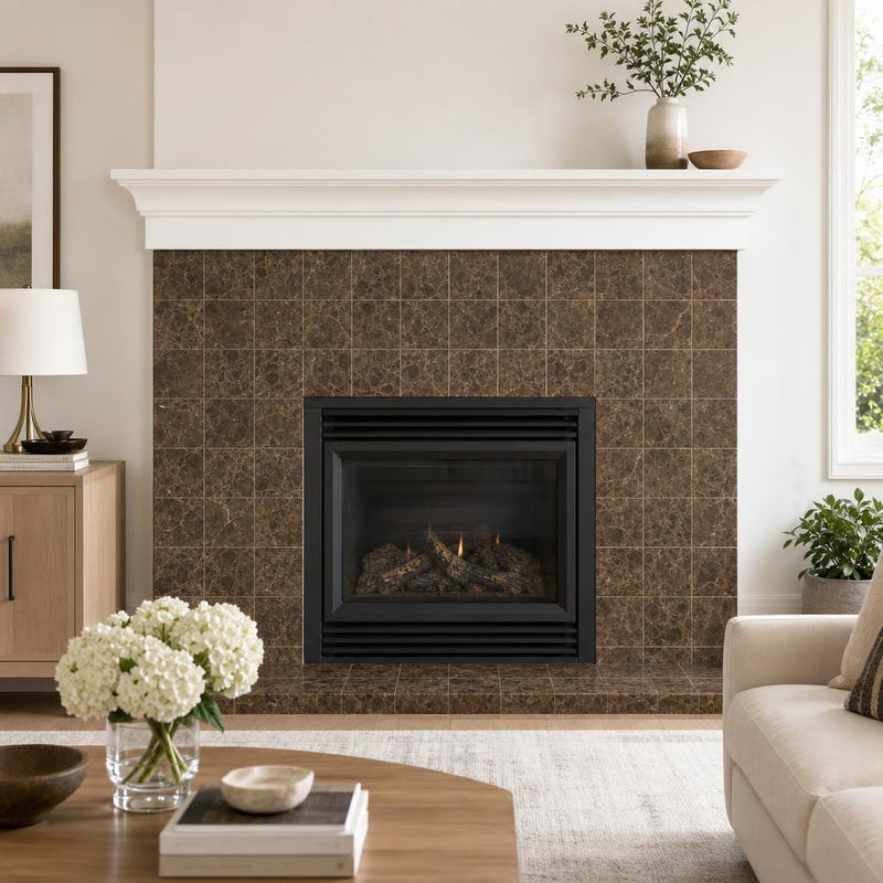 Dark Emprador Marble Tile 6x6 Tumbled — Living Room fireplace surround