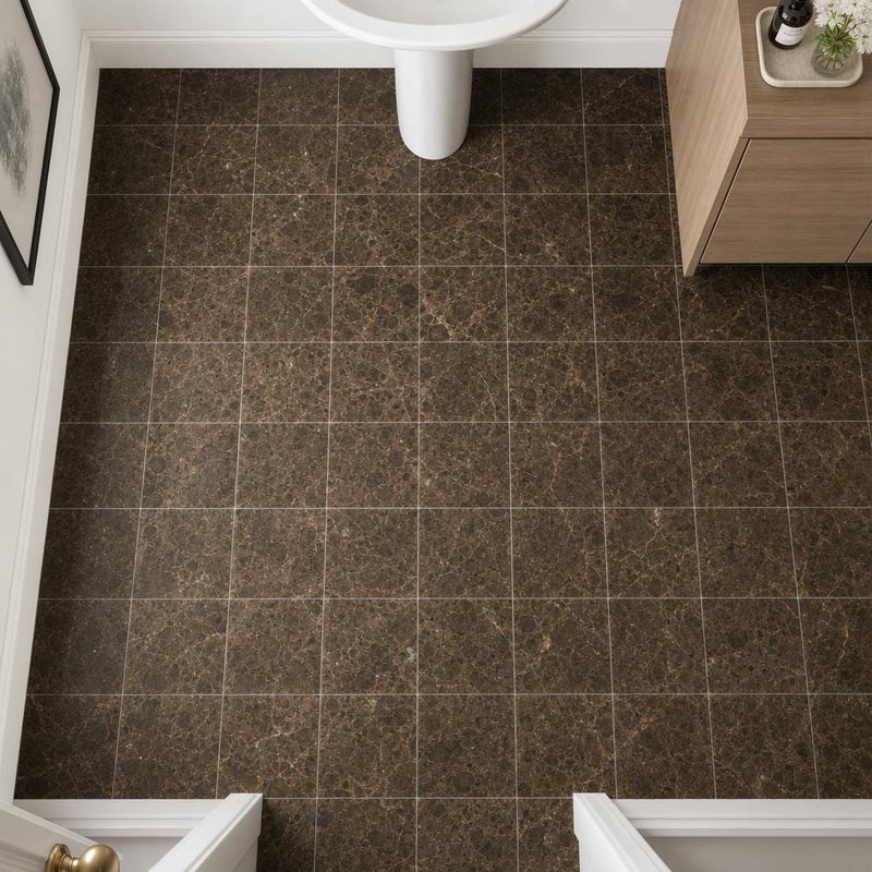 Dark Emprador Marble Tile 6x6 Tumbled — Powder Room floor