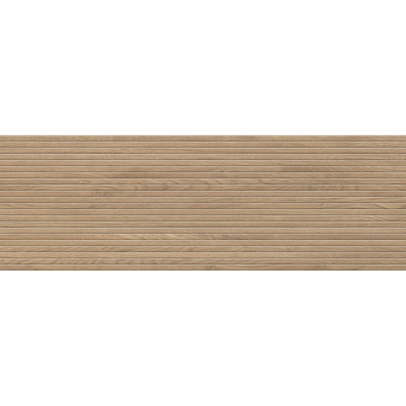 Dash Oak 16x48 matte ceramic wall tile with warm oak tones and fine horizontal relief.