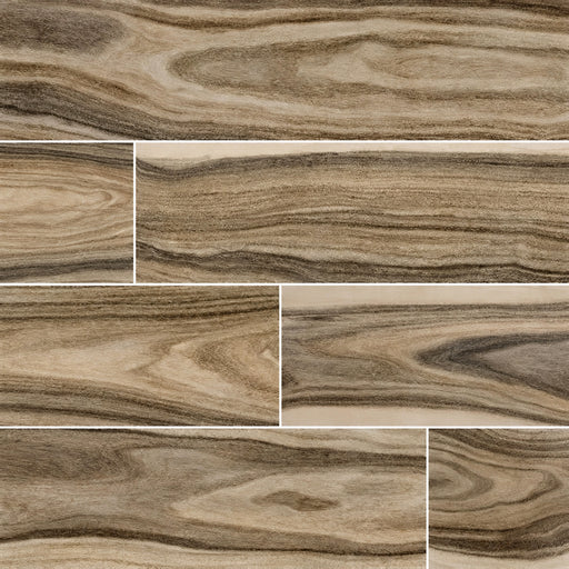 Dellano Deep Bark 8x48 polished porcelain wood look floor tile with brown wood grain in a staggered layout.
