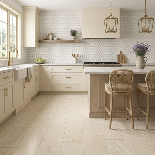 Desert Sand Limestone Filled, Honed & Straight Edge 12 x 24 x 1/2 Cross Cut Tile 12x24 — Kitchen floor