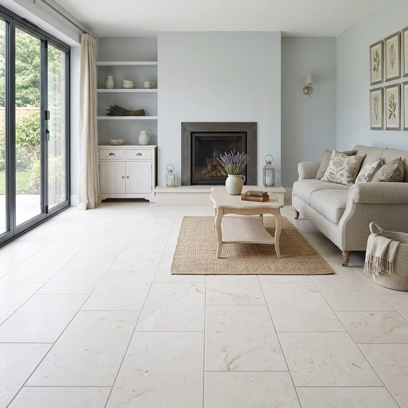 Desert Sand Limestone Filled, Honed & Straight Edge 12 x 24 x 1/2 Cross Cut Tile 12x24 — Living Room floor