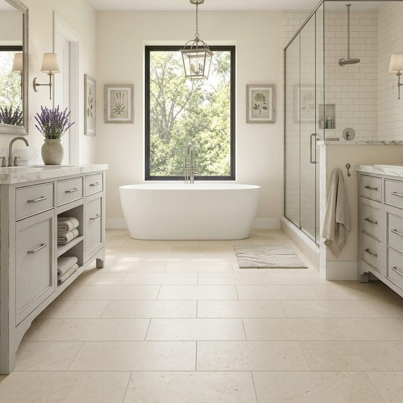 Desert Sand Limestone Filled, Honed & Straight Edge 12 x 24 x 1/2 Cross Cut Tile 12x24 — Primary Bath floor