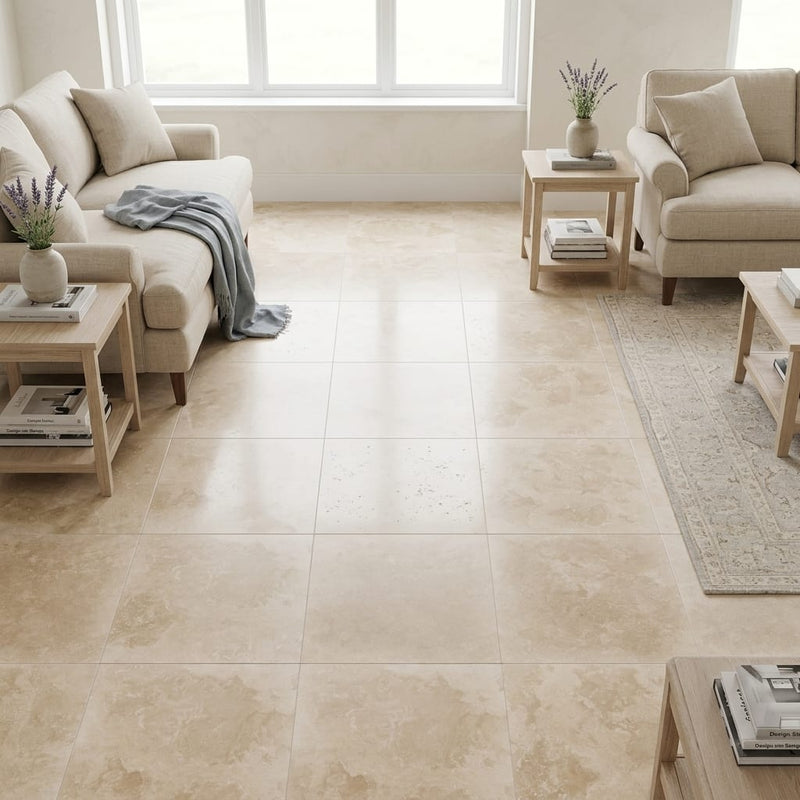 Desert Sand Limestone Filled, Honed & Straight Edge 18 x 18 x 1/2 Cross Cut Tile 18x18 — Family Room floor