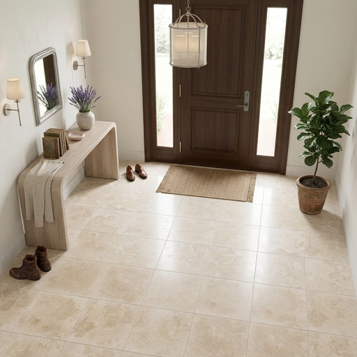 Desert Sand Limestone Filled, Honed & Straight Edge 18 x 18 x 1/2 Cross Cut Tile 18x18 — Foyer floor