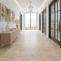 Desert Sand Limestone Filled, Honed & Straight Edge 18 x 18 x 1/2 Cross Cut Tile 18x18 — Hallway floor