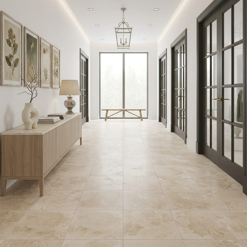 Desert Sand Limestone Filled, Honed & Straight Edge 18 x 18 x 1/2 Cross Cut Tile 18x18 — Hallway floor