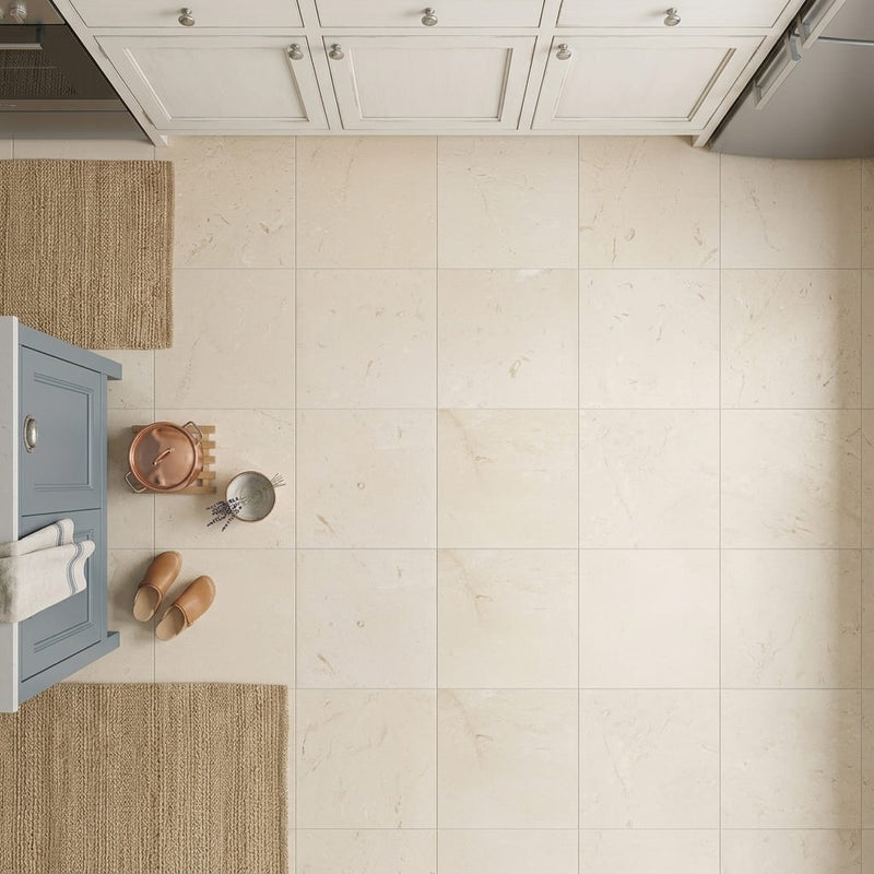 Desert Sand Limestone Filled, Honed & Straight Edge 24 x 24 x 1/2 Cross Cut Tile 24x24 — Kitchen floor