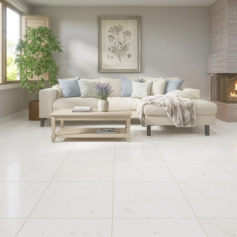 Desert Sand Limestone Filled, Honed & Straight Edge 24 x 24 x 1/2 Cross Cut Tile 24x24 — Living Room floor