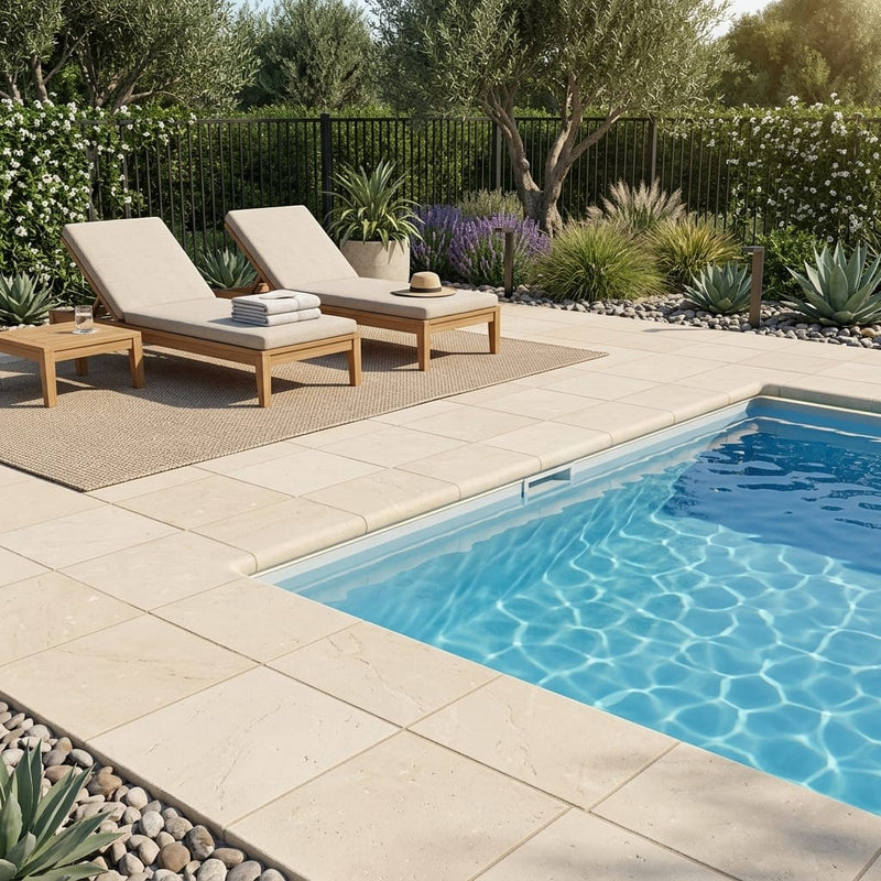 Desert Sand Limestone Tumbled 12 x 12 x 1.25 Bullnose Coping 12x12 pool coping — Swimming Pool pool edge drop-face coping