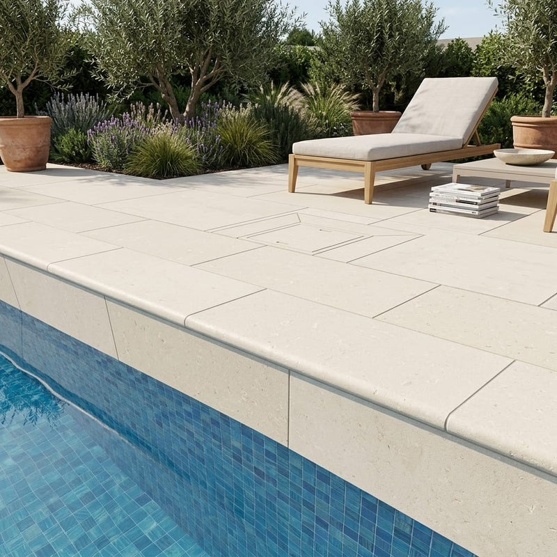 Desert Sand Limestone Tumbled 12 x 24 x 1.25 Double Bullnose Coping 12x24 pool coping — Swimming Pool remodel pool edge