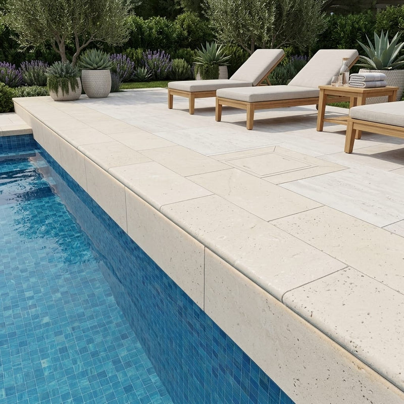 Desert Sand Limestone Tumbled 12 x 24 x 2 Bullnose Coping 12x24 pool coping — Swimming Pool remodel pool edge