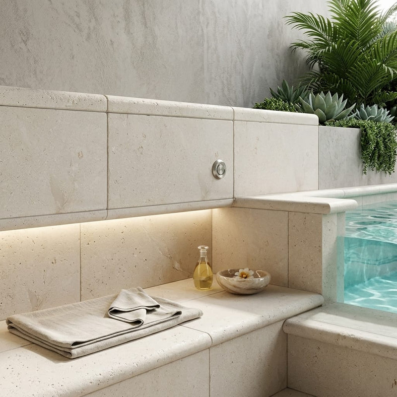Desert Sand Limestone Tumbled 12 x 24 x 2 Double Bullnose Coping 12x24 pool coping — Spa spa overhang edge
