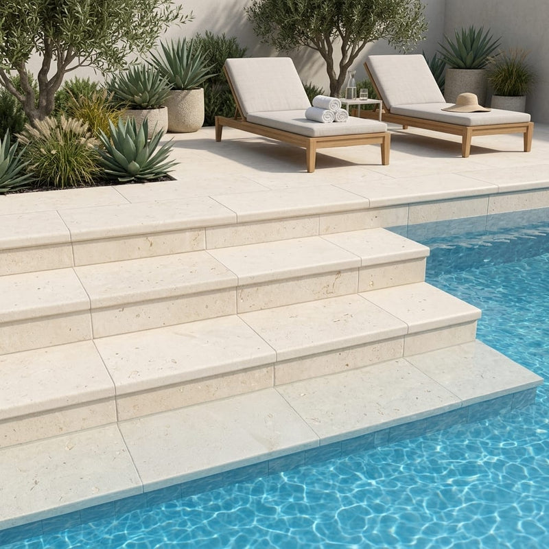 Desert Sand Limestone Tumbled 12 x 24 x 2 Double Modern Coping 12x24 pool coping — Swimming Pool pool step edge