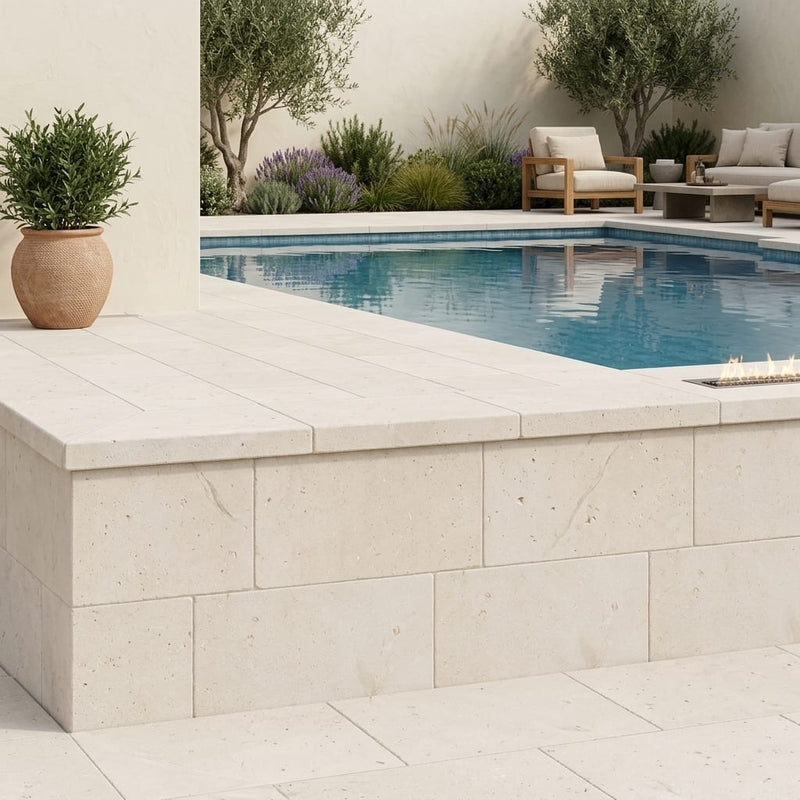 Desert Sand Limestone Tumbled 12 x 24 x 2 Double Modern Coping 12x24 pool coping — Swimming Pool raised bond beam cap