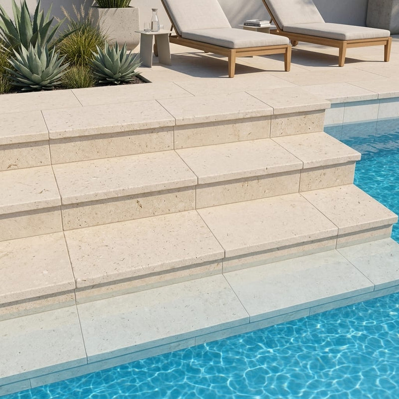 Desert Sand Limestone Tumbled 12 x 24 x 2 Modern Coping 12x24 pool coping — Swimming Pool pool step edge