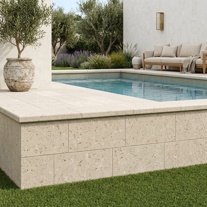 Desert Sand Limestone Tumbled 12 x 24 x 2 Modern Coping 12x24 pool coping — Swimming Pool raised bond beam cap