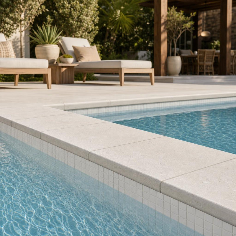Desert Sand Limestone Tumbled 16 x 24 x 1.25 Bullnose Coping 16x24 pool coping — Swimming Pool pool edge drop-face coping