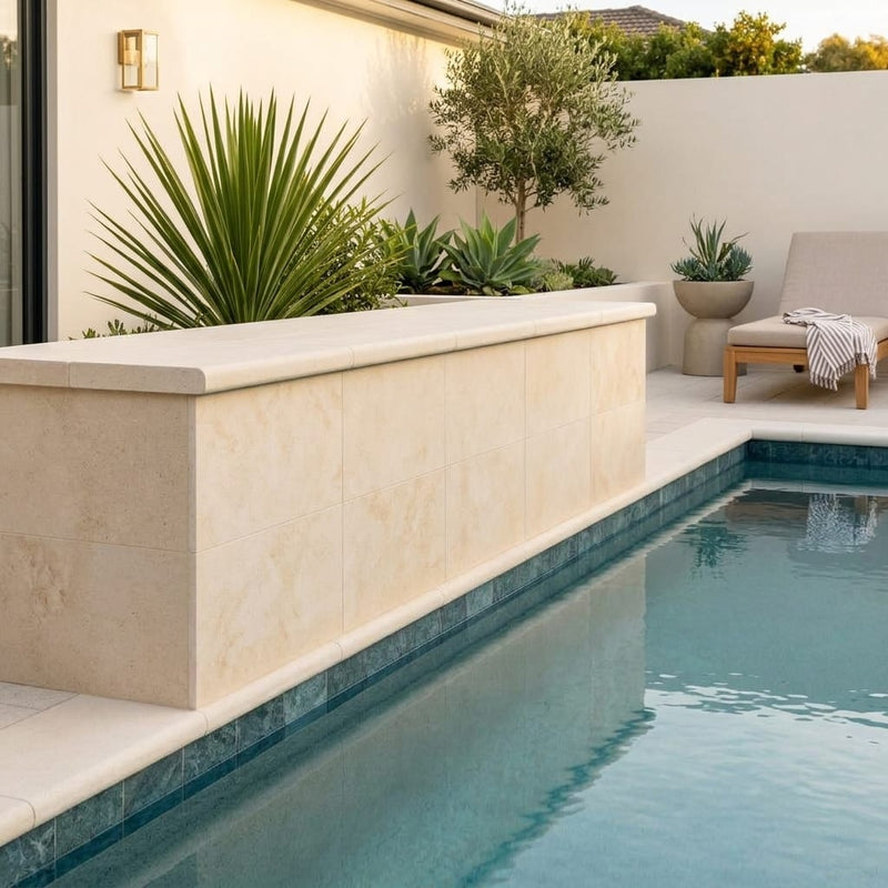Desert Sand Limestone Tumbled 16 x 24 x 2 Double Modern Coping 16x24 pool coping — Swimming Pool raised bond beam cap