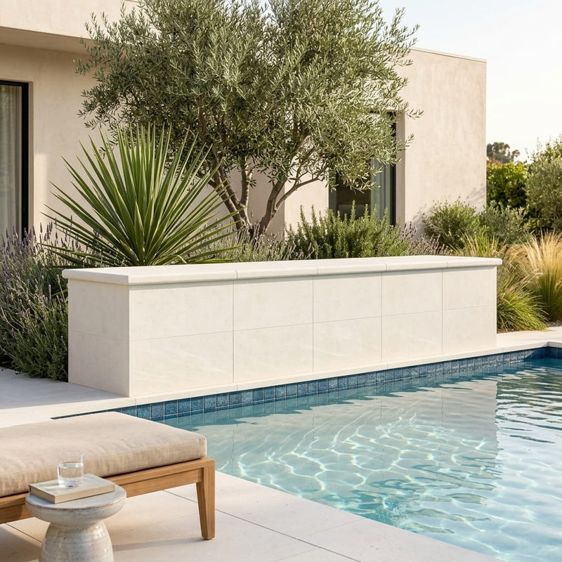 Desert Sand Limestone Tumbled 16 x 24 x 2 Modern Coping 16x24 pool coping — Swimming Pool raised bond beam cap