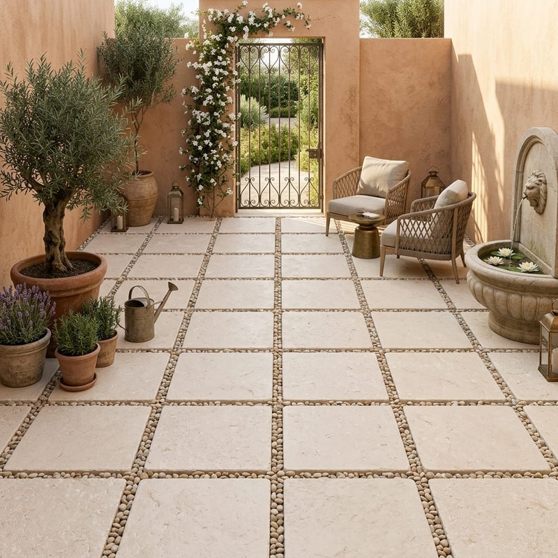 Desert Sand Limestone Tumbled 24 x 24 x 1.25 Paver 24x24 — Courtyard paving