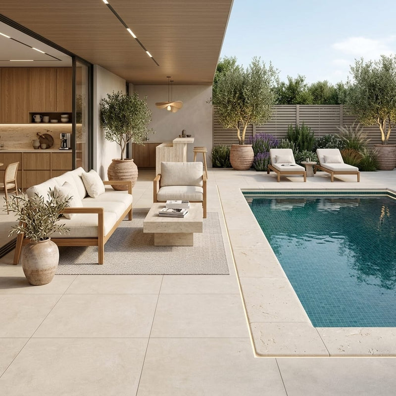 Desert Sand Limestone Tumbled 24 x 24 x 2 4-SIDED Modern Coping 24x24 pool coping — Swimming Pool pool edge coping