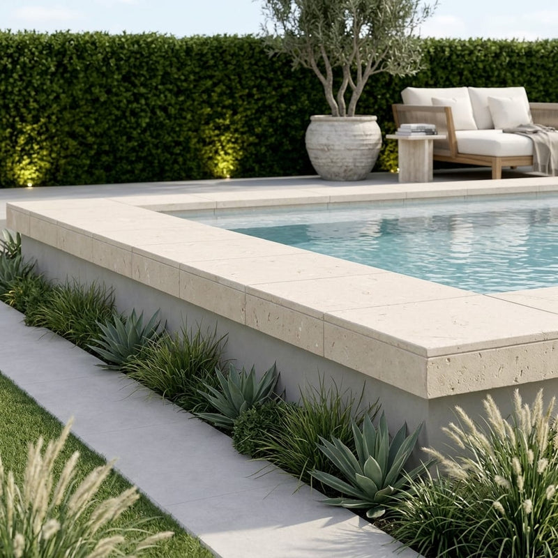 Desert Sand Limestone Tumbled 24 x 24 x 2 4-SIDED Modern Coping 24x24 pool coping — Swimming Pool raised bond beam cap