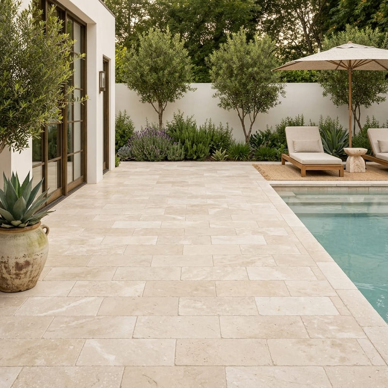 Desert Sand Limestone Tumbled 6 x 12 x 1.25 Paver 6x12 — Backyard pool deck