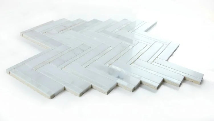 Diana White 11x11.75 Herringbone Marble and Mother of Pearl Mosaic