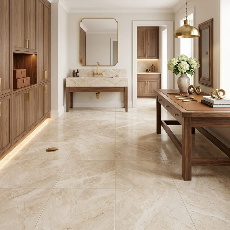 Diano Royal (Queen Beige) Marble 12x12 Honed Tile — Basement floor