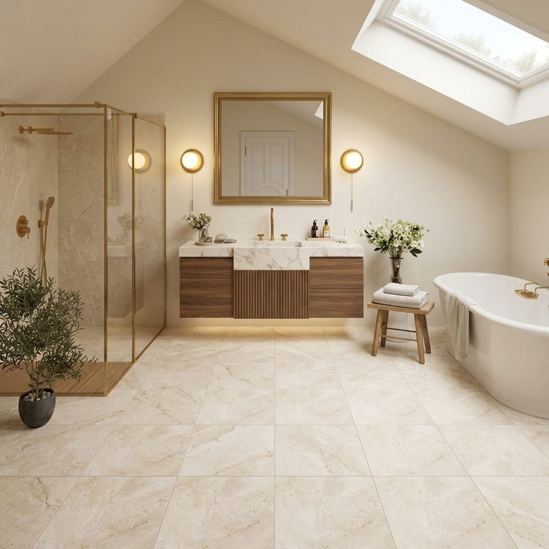Diano Royal (Queen Beige) Marble 12x12 Honed Tile — Bathroom floor