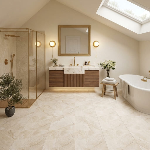Diano Royal (Queen Beige) Marble 12x12 Honed Tile — Bathroom floor