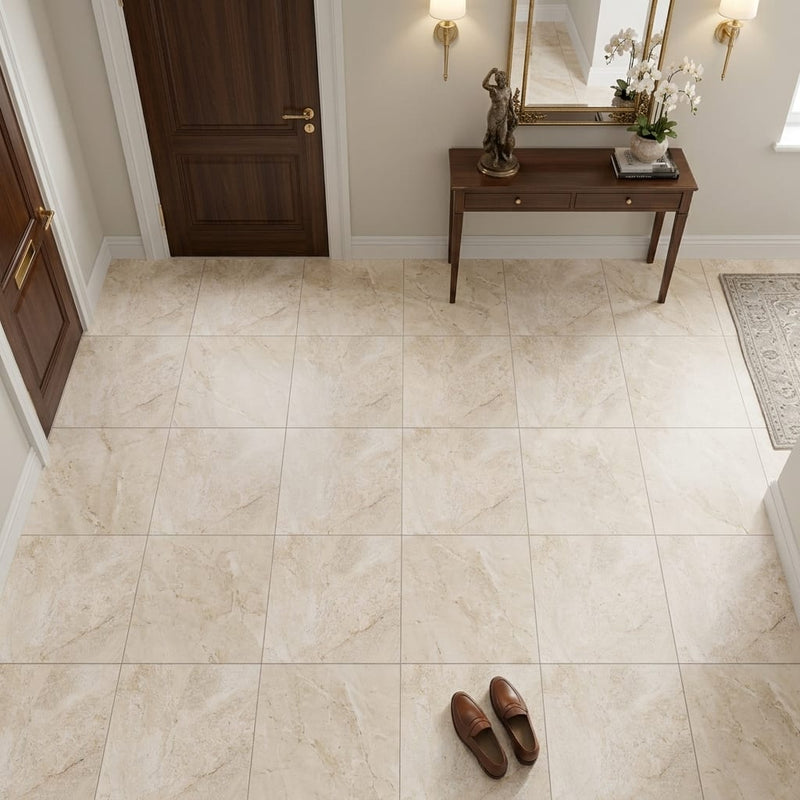 Diano Royal (Queen Beige) Marble 12x12 Honed Tile — Foyer floor