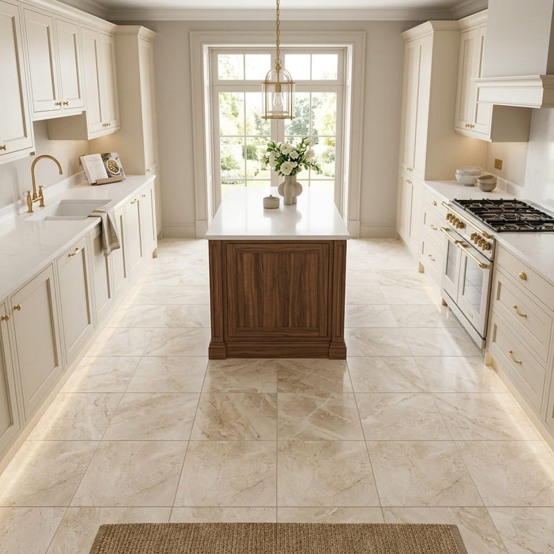 Diano Royal (Queen Beige) Marble 12x12 Honed Tile — Kitchen floor