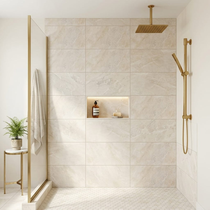 Diano Royal (Queen Beige) Marble 12x24 Honed Tile — Bathroom shower wall