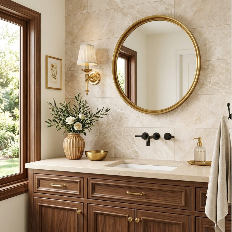 Diano Royal (Queen Beige) Marble 12x24 Honed Tile — Bathroom vanity wall