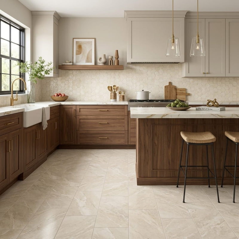 Diano Royal (Queen Beige) Marble 12x24 Honed Tile — Kitchen floor