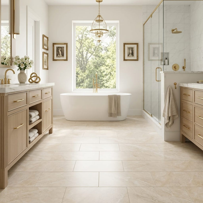 Diano Royal (Queen Beige) Marble 12x24 Honed Tile — Primary Bath floor