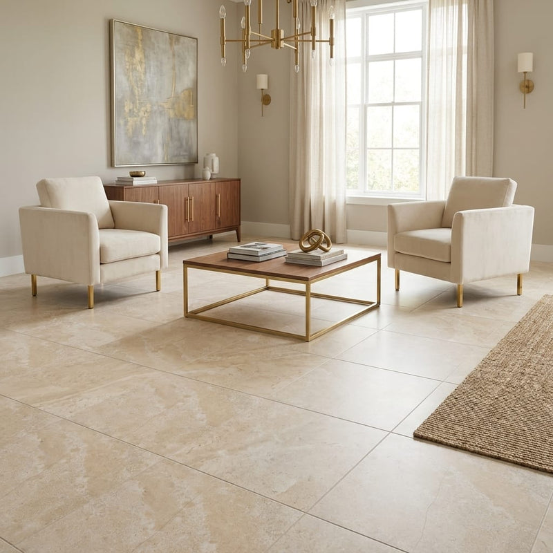 Diano Royal (Queen Beige) Marble 18x18 Honed Tile — Family Room floor
