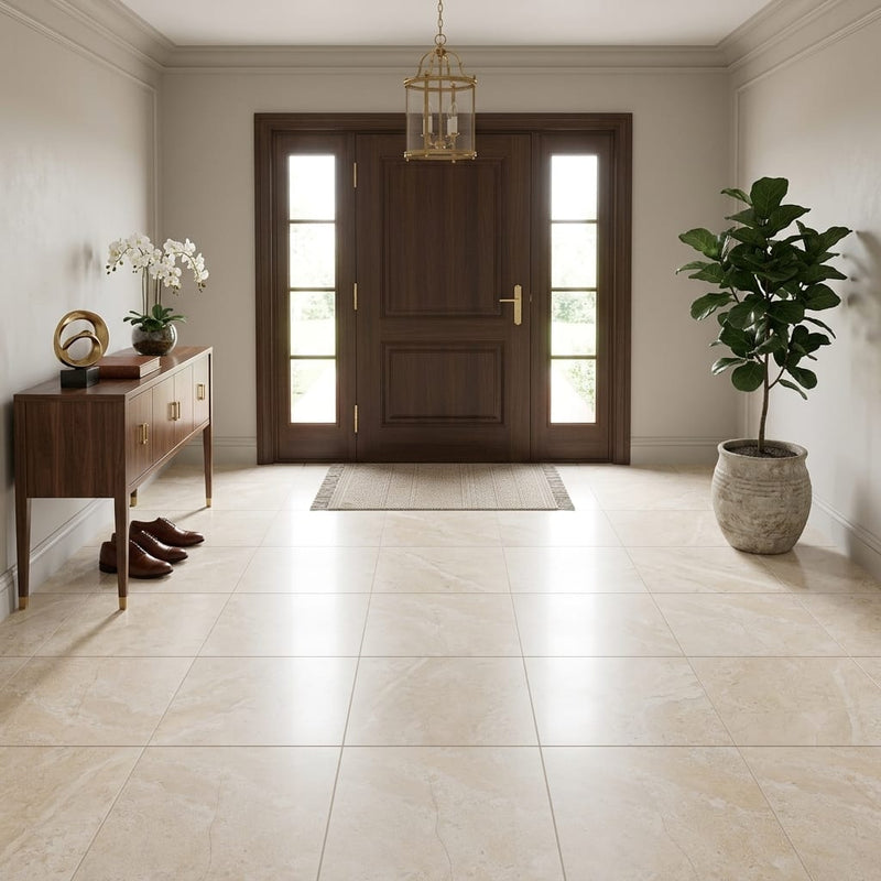 Diano Royal (Queen Beige) Marble 18x18 Honed Tile — Foyer floor