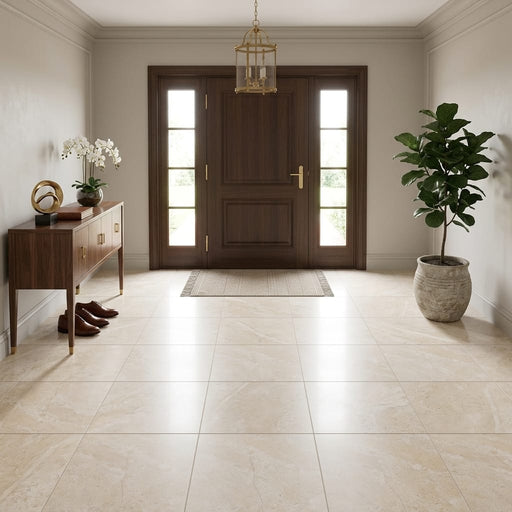 Diano Royal (Queen Beige) Marble 18x18 Honed Tile — Foyer floor