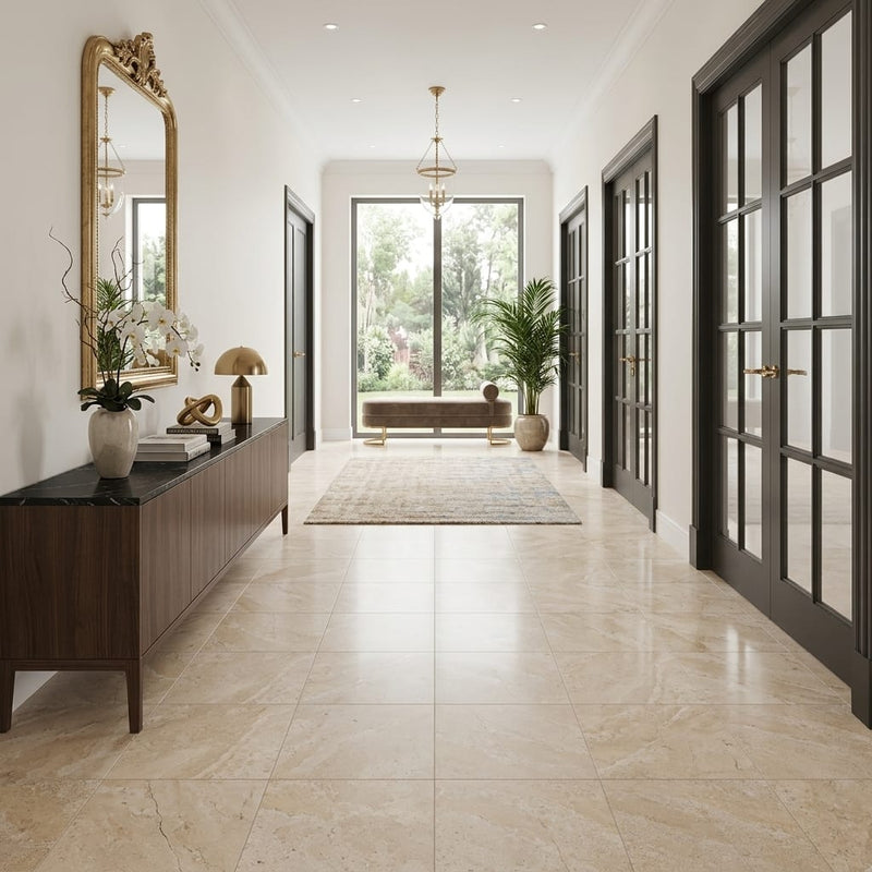 Diano Royal (Queen Beige) Marble 18x18 Honed Tile — Hallway floor