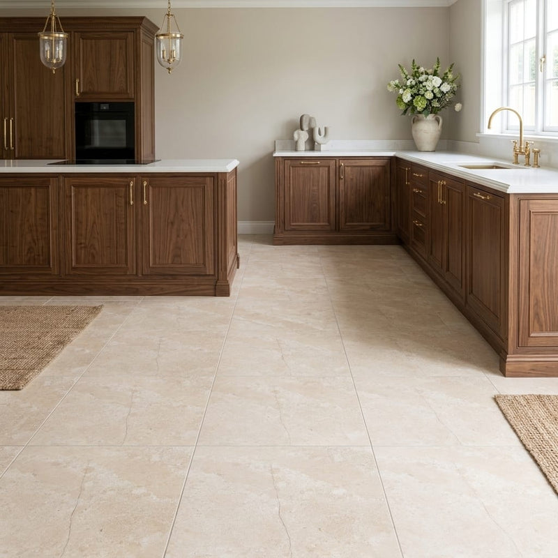 Diano Royal (Queen Beige) Marble 18x18 Honed Tile — Kitchen floor
