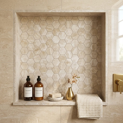 Diano Royal (Queen Beige) Marble 2x2 Polished Hexagon Mosaic — Bathroom niche
