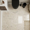 Diano Royal (Queen Beige) Marble 2x2 Polished Hexagon Mosaic — Powder Room floor