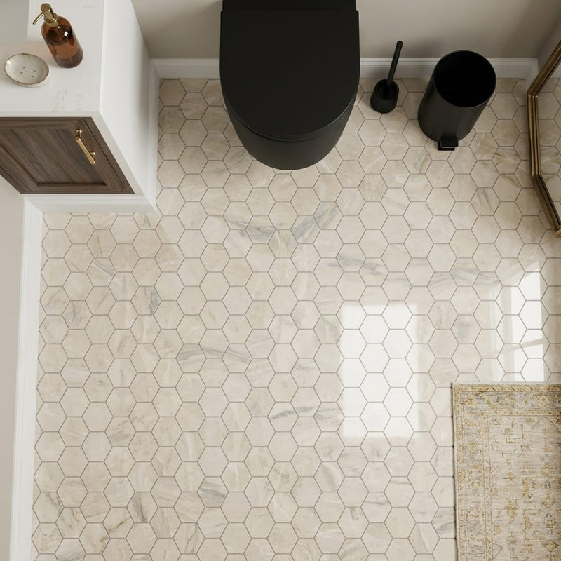 Diano Royal (Queen Beige) Marble 2x2 Polished Hexagon Mosaic — Powder Room floor